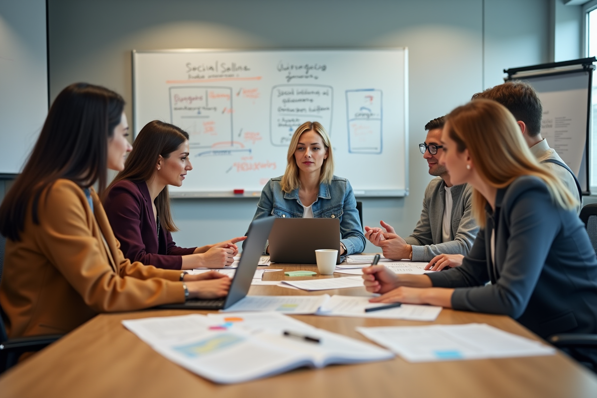 Groupe diversifié en réunion stratégie marketing