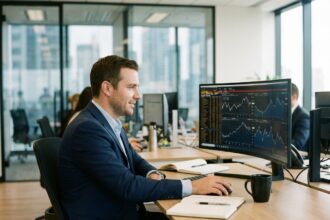 Homme d'affaires en costume navy analysant des tableaux numériques