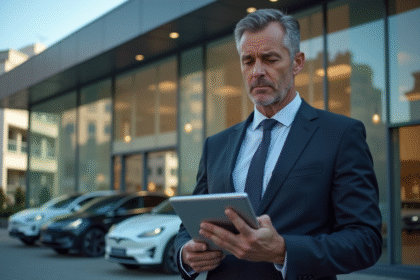 Homme d'affaires regardant une tablette devant un concessionnaire moderne