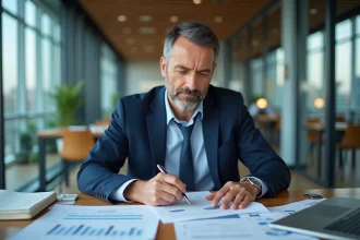 Homme d'affaires analysant les frais de cession d'un fonds de commerce sur des documents financiers dans un bureau moderne