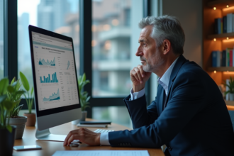Homme d'affaires concentré devant un ordinateur en bureau moderne