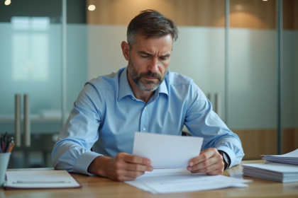 Homme d'âge moyen au bureau avec une expression préoccupée