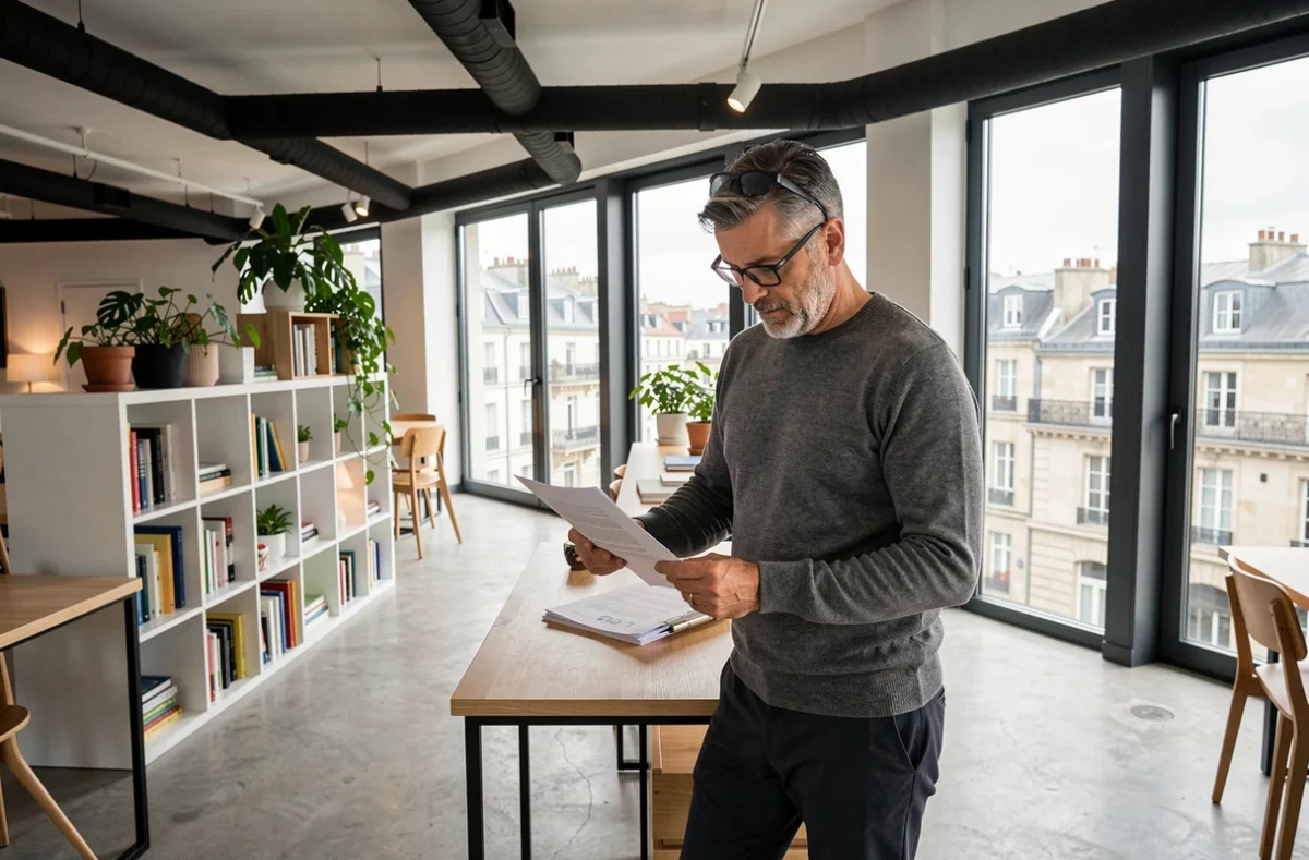 Homme debout à un bureau réglable dans un coworking moderne en centre-ville de Dieppe