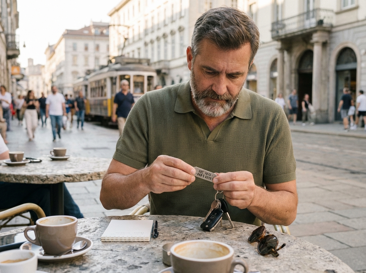 Homme détendu attachant une clé gravée dans un café en ville