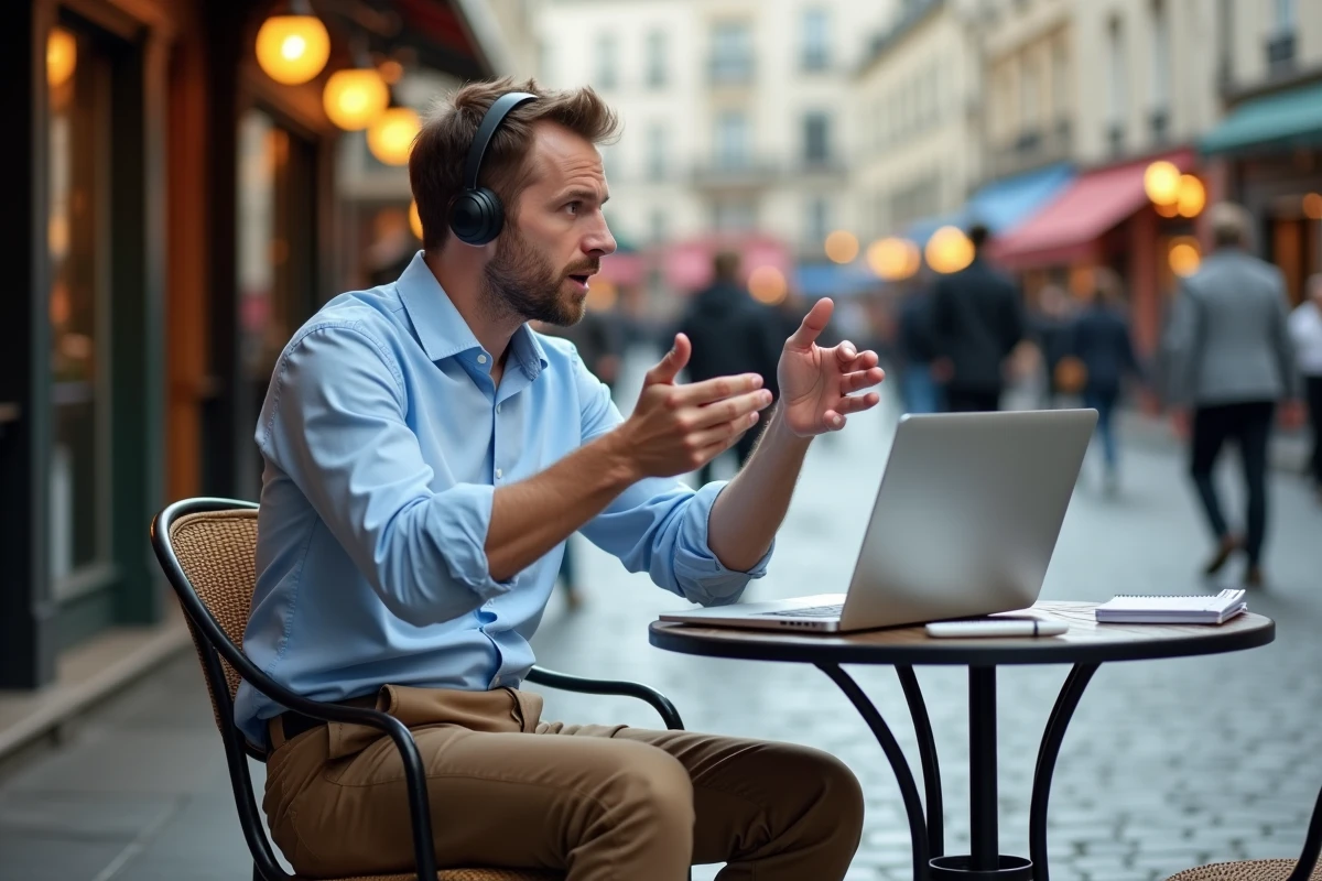Homme en réunion dans un café parisien animé