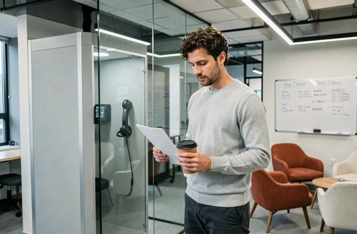 Homme debout dans un espace de coworking à Amiens consultant des documents près d'une cabine téléphonique vitrée