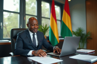 Homme d'etat africain dans un bureau moderne avec drapeau africain
