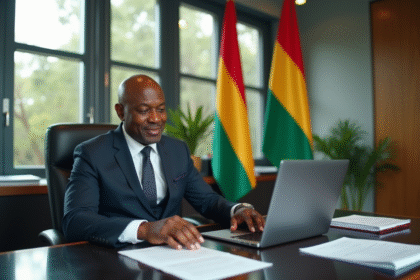 Homme d'etat africain dans un bureau moderne avec drapeau africain