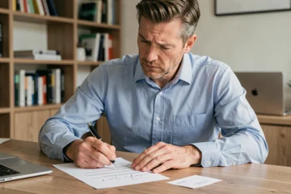Homme examinant un devis signé avec acompte à son bureau, expression préoccupée face aux pénalités de rétractation