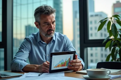Homme d'affaires analysant une carte économique sur tablette