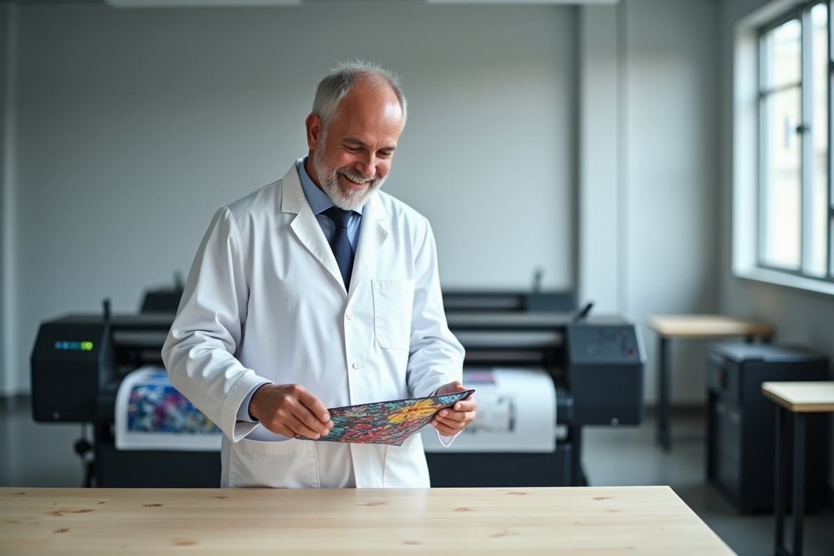 Homme en blouse blanche examine un échantillon de tissu imprimé