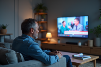 Homme français regardant la télévision dans un salon cosy