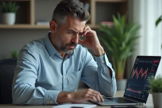Homme inquiet regardant un ordinateur avec graphiques financiers