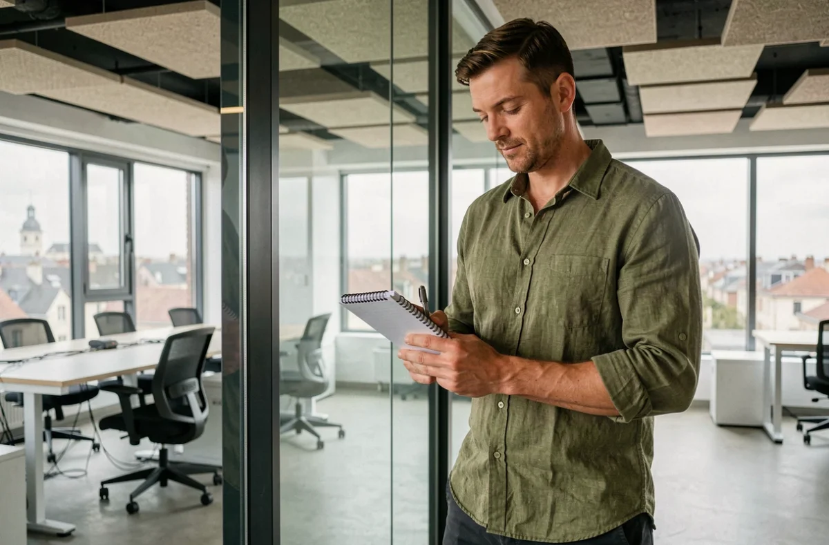 Homme consultant ses notes dans un espace de coworking haut de gamme à Saint-Étienne
