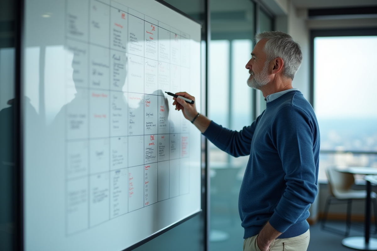 Homme mettant à jour un calendrier mural dans un bureau moderne