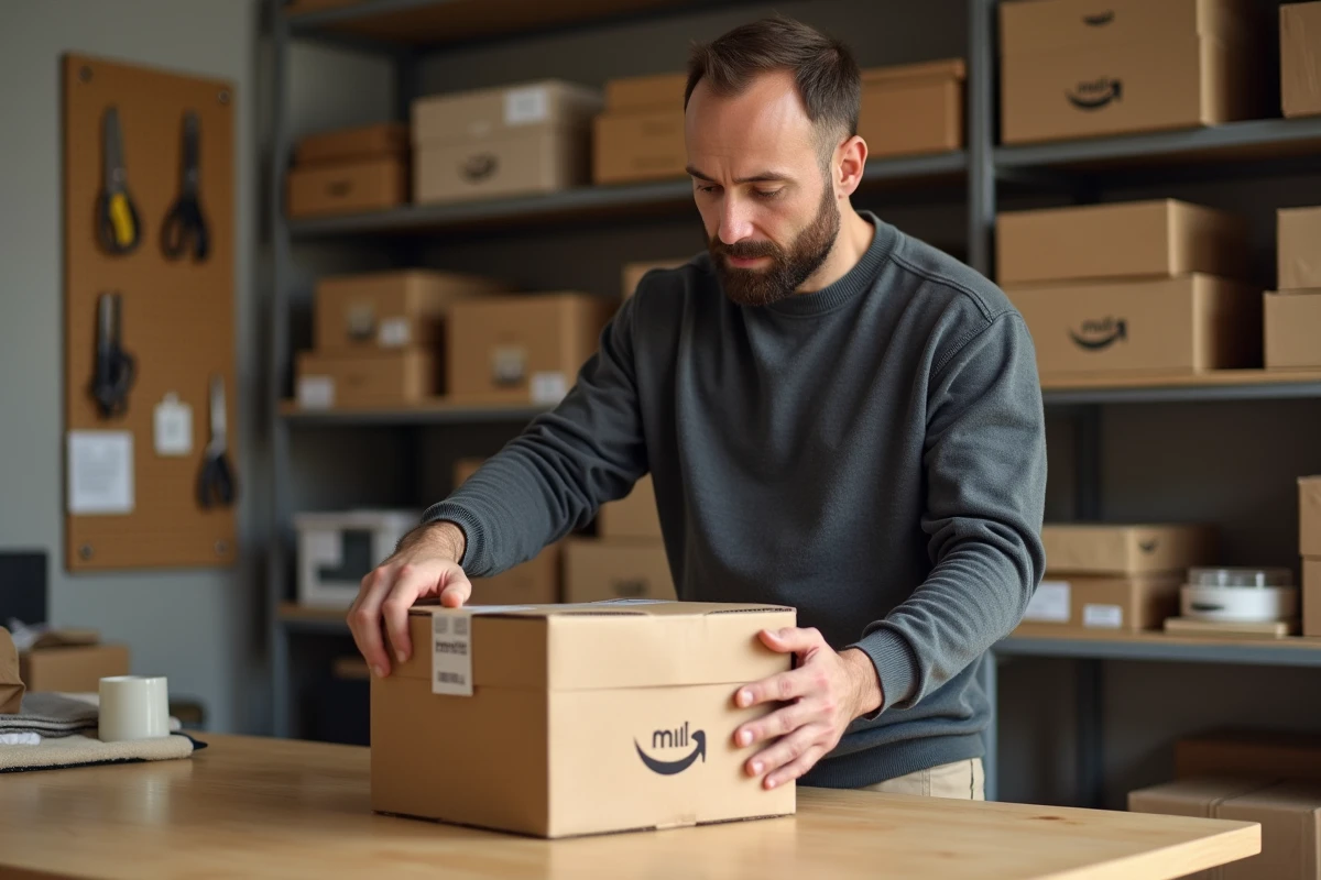 Homme préparant une commande e-commerce spécialisée dans un entrepôt de micro-logistique indépendant