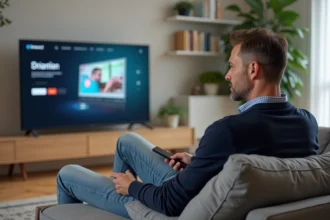 Homme d'âge moyen regardant la télévision dans un salon moderne
