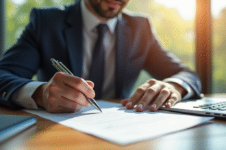 Homme professionnel signant des papiers dans un bureau en lumière naturelle