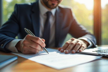 Homme professionnel signant des papiers dans un bureau en lumière naturelle