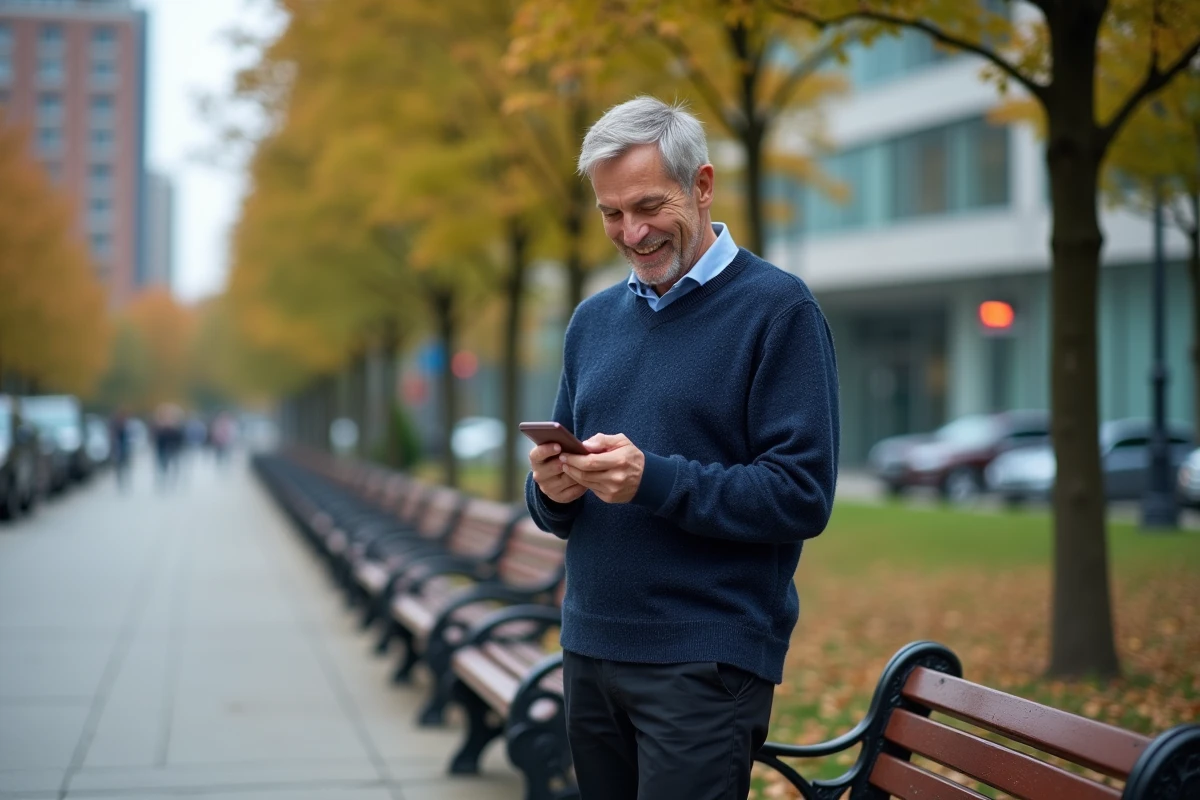 Homme regardant son smartphone dans un parc urbain
