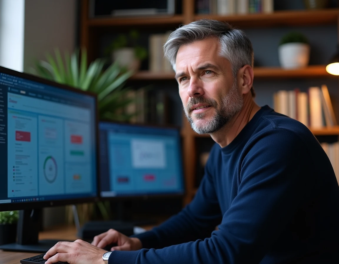Homme en télétravail analysant un tableau de bord de chat IA pour optimiser la conversion des visiteurs en acheteurs