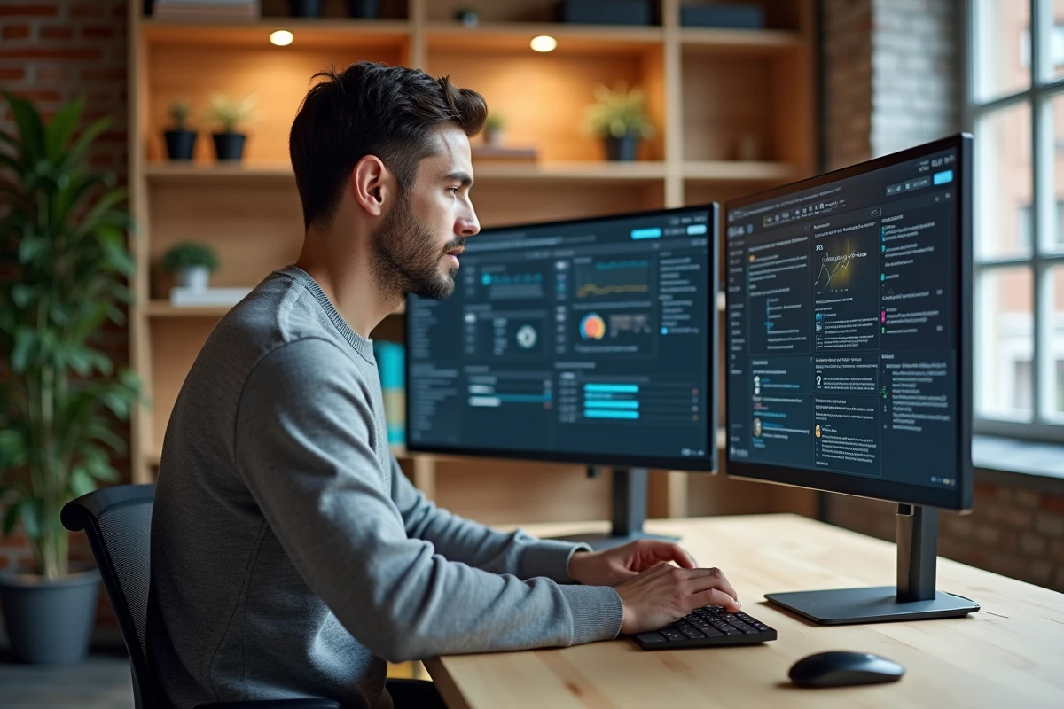 Homme en télétravail utilisant un logiciel de transformation digitale sur double écran dans un bureau minimaliste