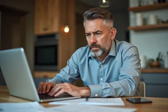 Homme d'âge moyen travaillant à la maison avec ordinateur et papiers