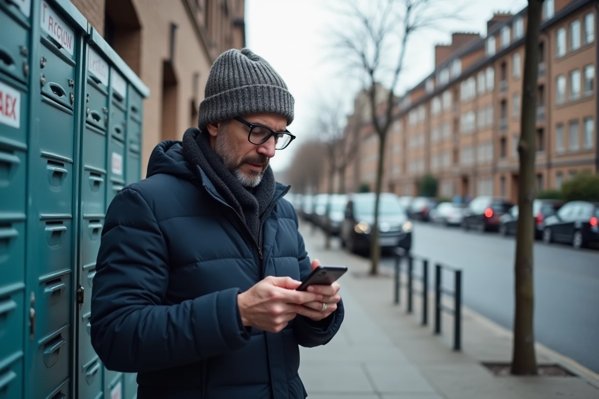 Homme vérifiant son colis devant immeubles urbains