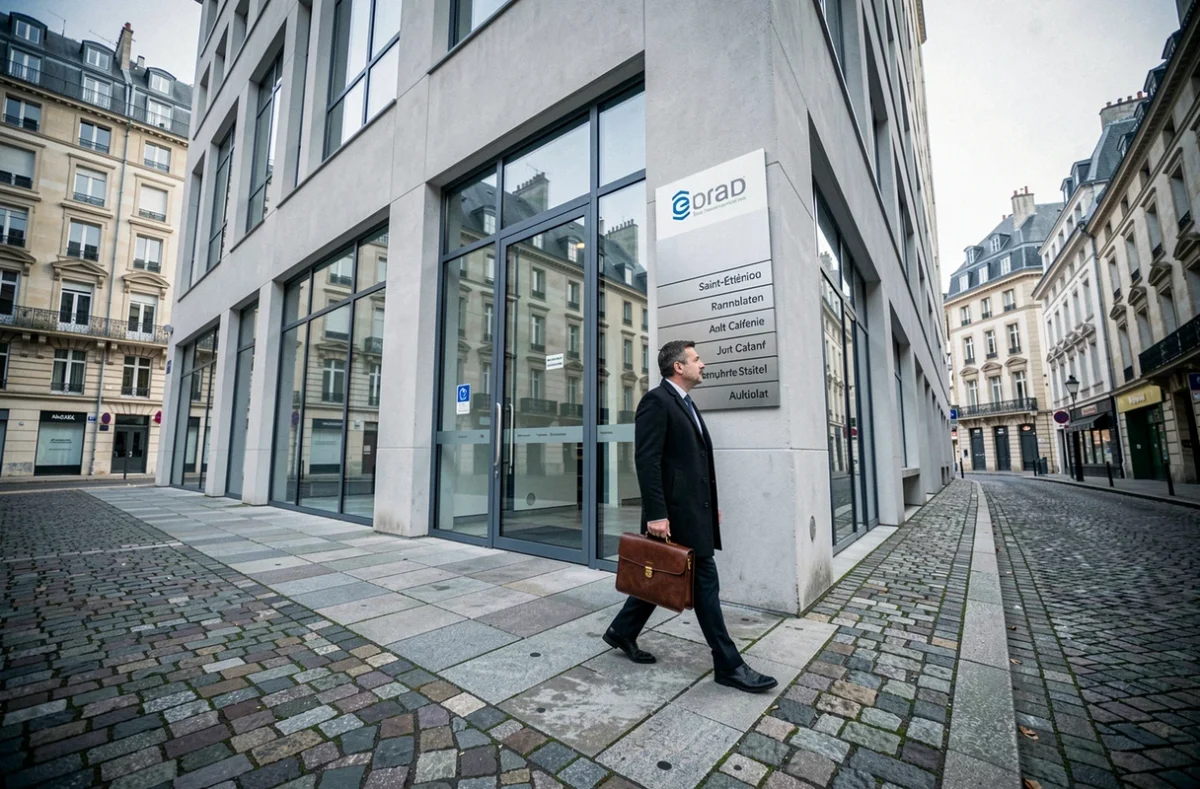Immeuble de domiciliation d'entreprise en centre-ville de Saint-Étienne avec signalétique professionnelle