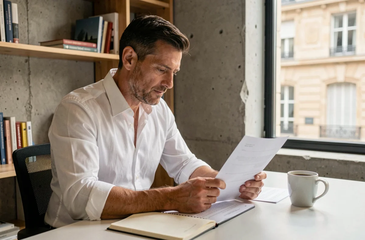 Un indépendant analyse un contrat de portage salarial dans un espace de coworking
