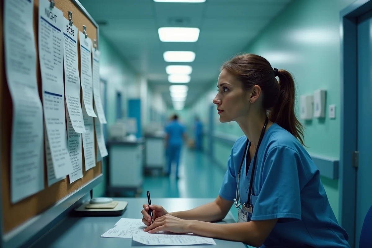 Infirmière de nuit analysant son calendrier de jours travaillés 2026 dans un couloir d'hôpital