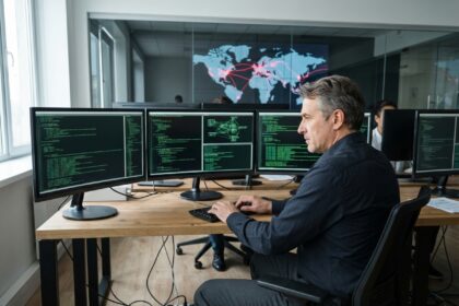 Ingénieur cybersécurité concentré au bureau moderne