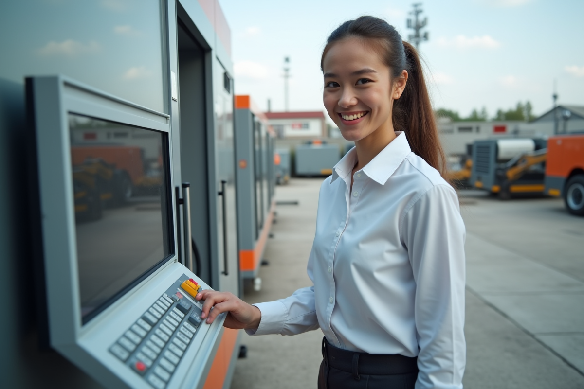 Jeune ingénieure contrôlant une machine connectée en extérieur