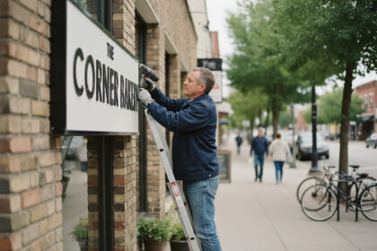 Homme en veste de travail installant une grande affiche extérieure