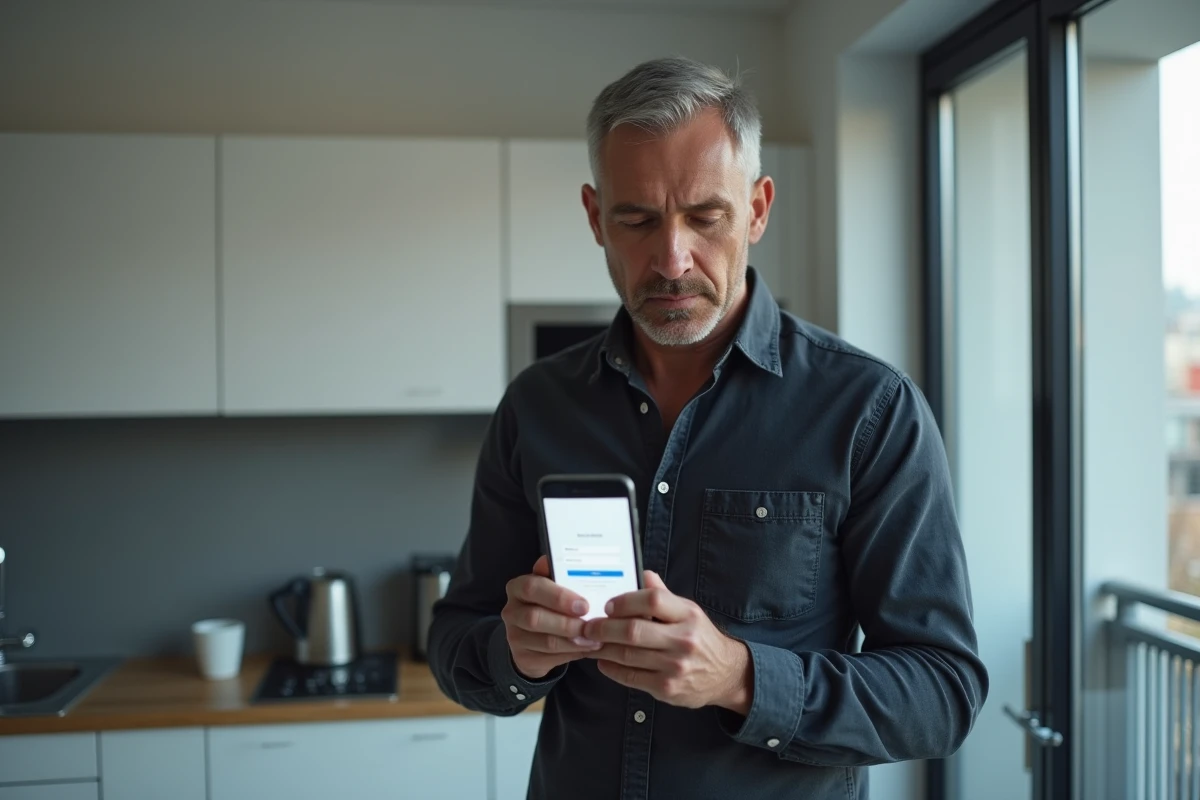Intervenant à domicile consultant l'extranet Azaé sur smartphone depuis sa cuisine le matin