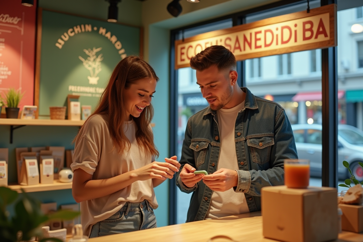 Jeune homme et femme découvrant des produits éco-responsables en popup