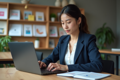 Jeune femme professionnelle travaillant sur un ordinateur dans un bureau créatif