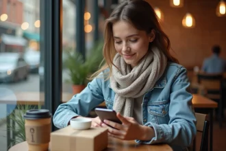 Jeune femme au café avec smartphone et colis