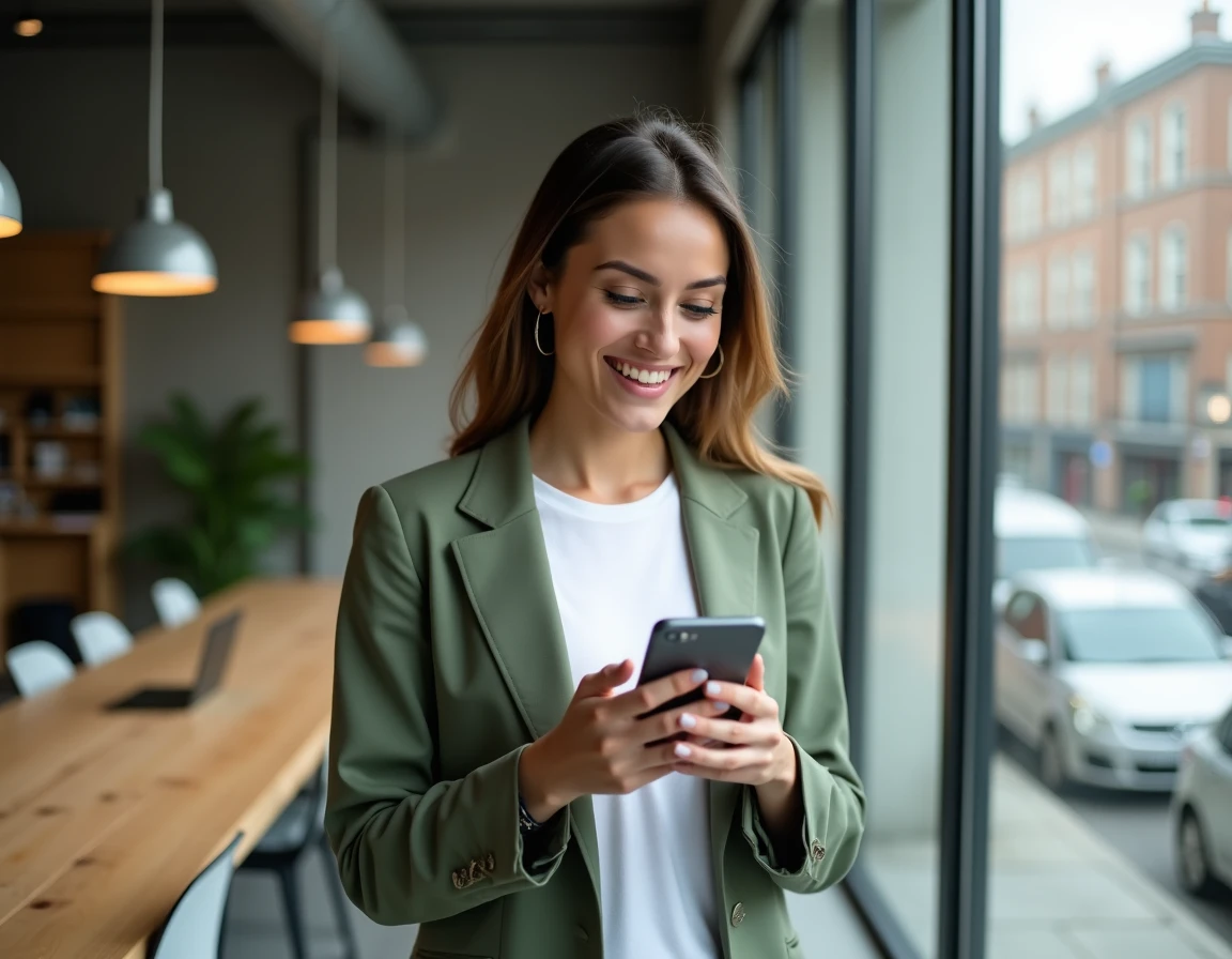 Jeune professionnelle consultant un chat IA sur smartphone dans un espace de coworking pour transformer les visites en ventes