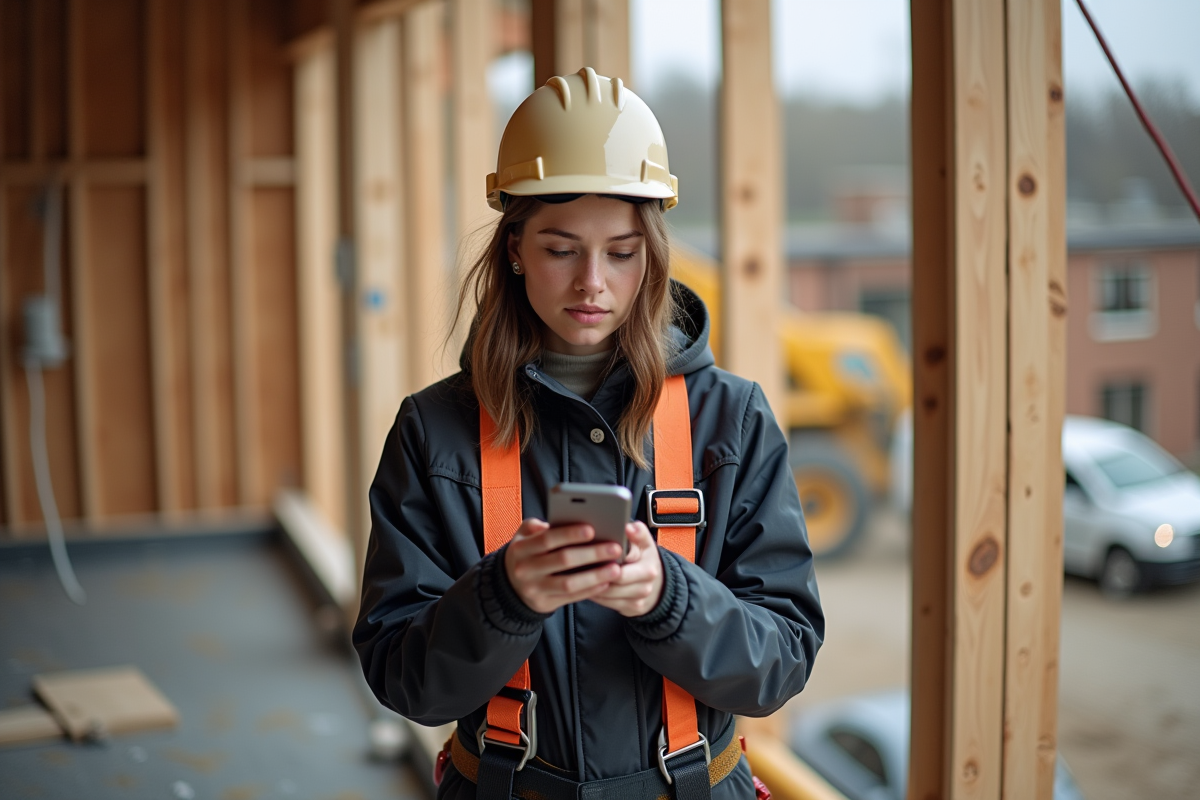 Jeune femme couvreur vérifiant sa paie sur le toit