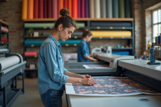 Jeune femme en denim ajuste une imprimante textile moderne