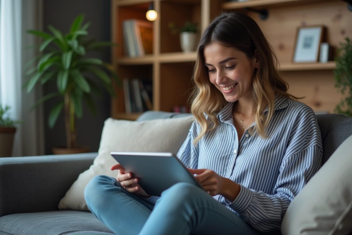 Jeune femme découvrant une boutique en ligne de niche sur sa tablette dans un appartement moderne