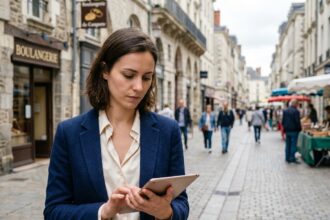 Jeune femme professionnelle à Angers vérifiant sa tablette