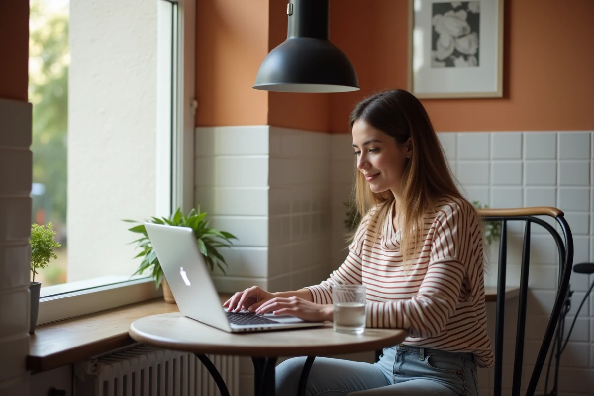 Jeune femme travaillant à distance depuis chez elle, opportunité de métier en télétravail sans diplôme