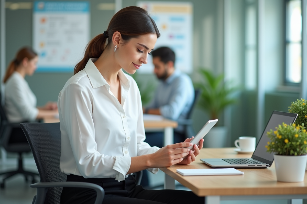 Jeune femme au bureau lisant un protocole de sécurité sur tablette