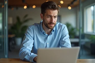 Jeune homme en bureau regardant son ordinateur