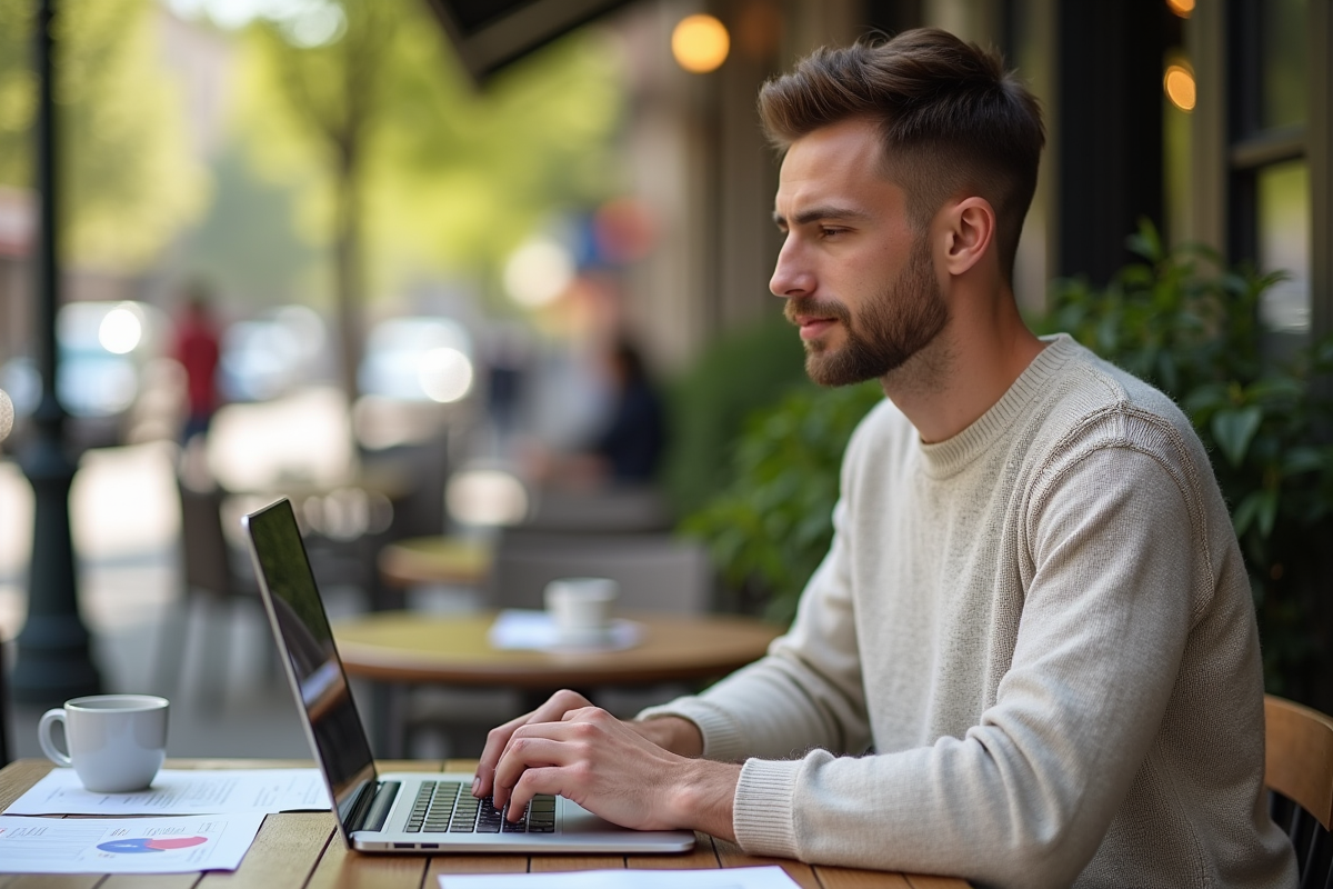 Jeune homme lisant le journal officiel sur son ordinateur au café