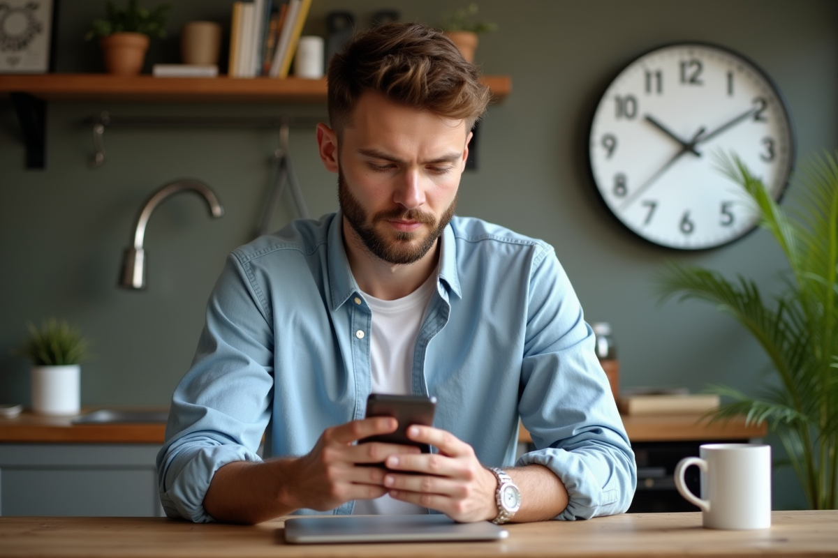 Jeune homme décontracté compose un email à la maison