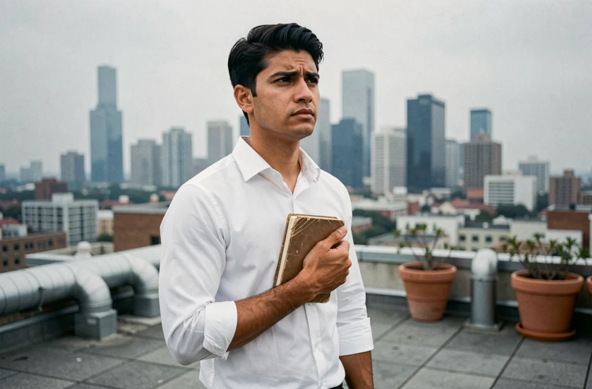 Jeune homme contemplatif sur un toit urbain tenant un carnet, entre doute et ambition professionnelle