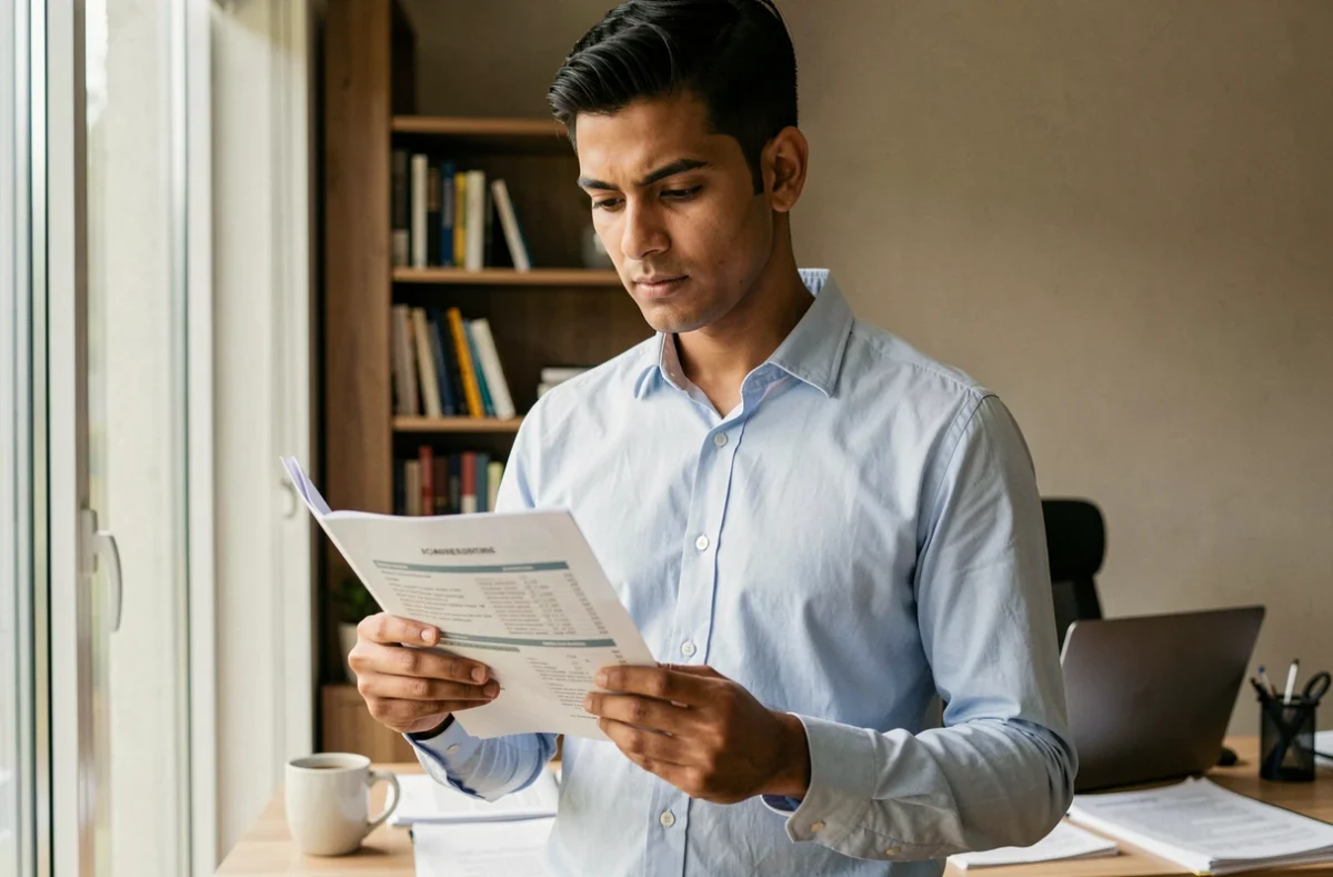 Jeune professionnel lisant un guide administratif sur le passeport talent et le portage salarial depuis son bureau à domicile